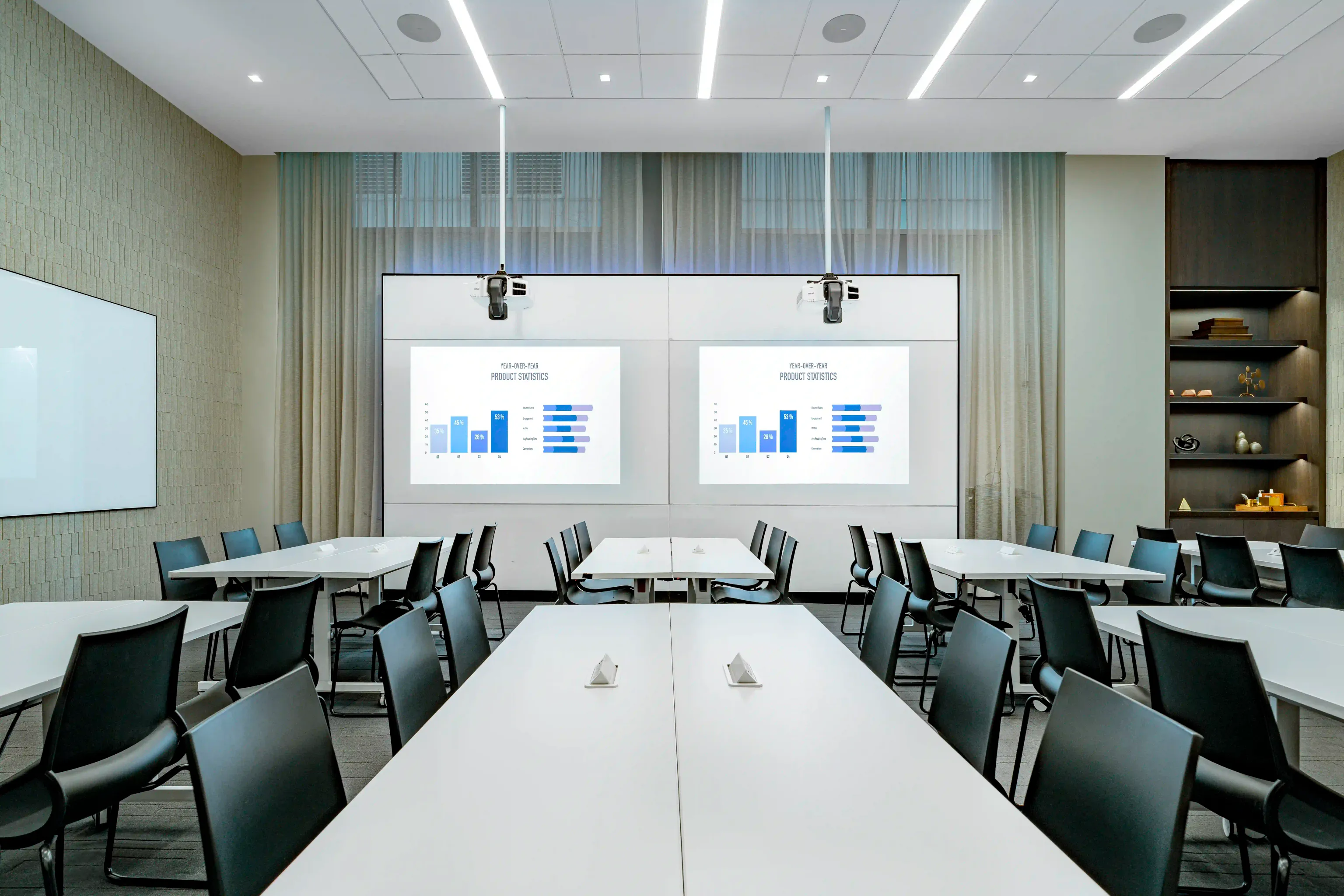A spacious conference room with a big screen and seating.