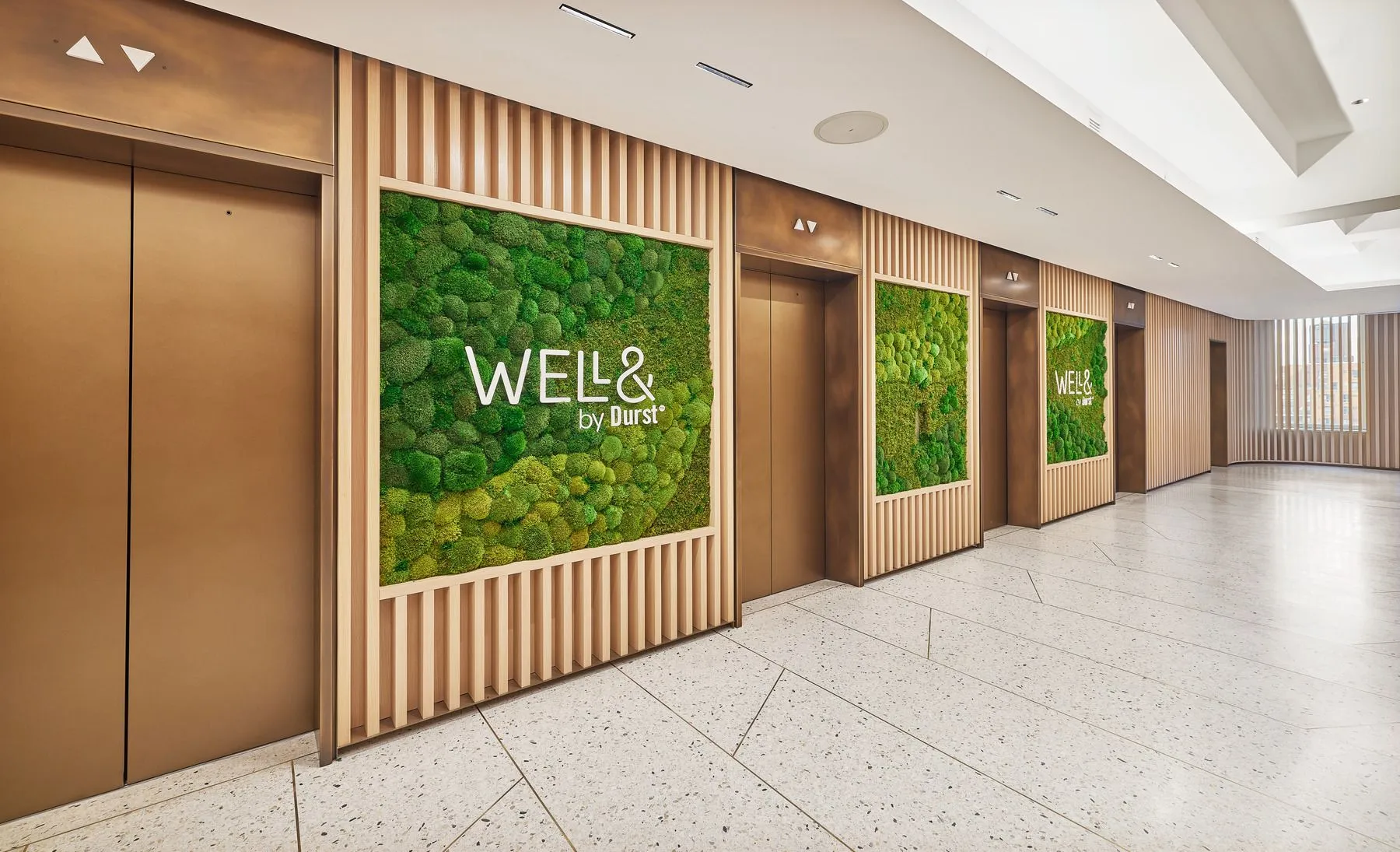 825 Third Ave hallway on the 12th floor for Well& by Durst. There are framed sections embedded into the wall filled with greenery with the Well& by Durst logo placed over them.
