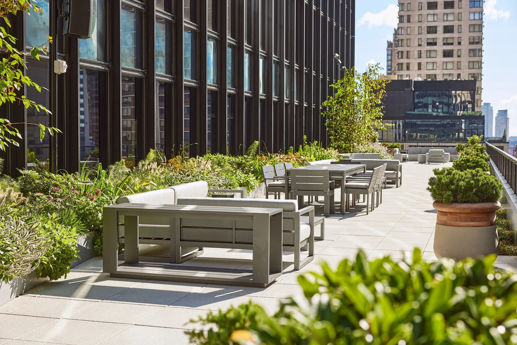A serene rooftop terrace adorned with benches and lush green plants, offering a peaceful retreat. Located at 825 Third Ave's 12th floor.